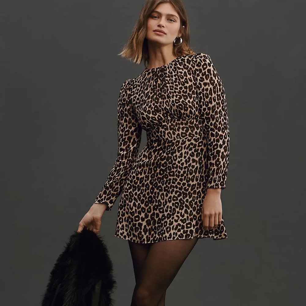 Reformation Women Dress Laken Size 2 Leopard Print Mini Anthropologie Fitted